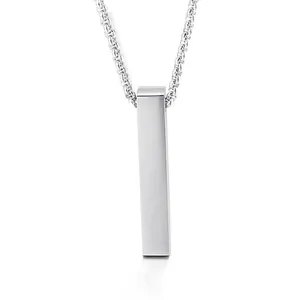 Minimalist silver stainless steel vertical bar pendant necklace on a delicate chain