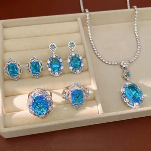 Luxury Copper Blue Zirconia Oval Pendant Necklace Earrings Ring Jewelry Set Vintage Elegant Rhinestone Halo Jewelry Wedding Party Gift For Women