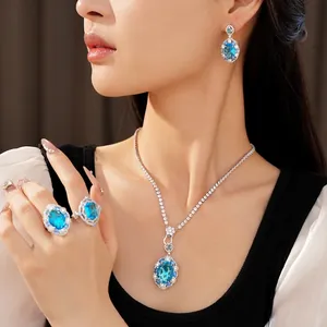 Elegant blue oval zircon jewelry set featuring a necklace earrings and rings for women