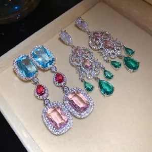 Luxury colorful zircon drop earrings with blue and pink stones in silver setting