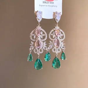 Elegant silver needle earrings with pink and emerald green zircon water drops in vintage style