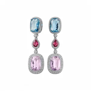 Elegant silver drop earrings featuring blue, red, and pink gemstones with zircon halo