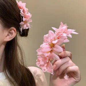Sweet Fabric Flower Hair Stick Gold Alloy Pin Dewdrop Accent Elegant Vacation Headpiece For Women Wedding Party Hair Jewelry