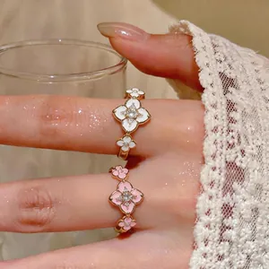 Elegant 18K Gold Plated Zircon Ring featuring a Sweet Enamel Flower Design for Women