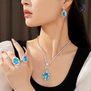 Elegant jewelry set with oval blue zirconia necklace and matching earrings