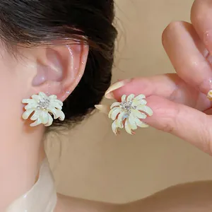 Elegant white enamel flower stud earrings with crystal centers, Korean minimalist jewelry