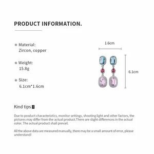 Detail view showing zircon earrings dimensions, material, and weight specifications.