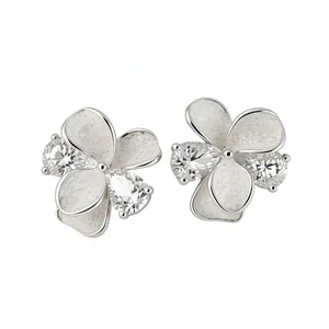 Elegant silver needle flower stud earrings with sparkling zircons and white enamel