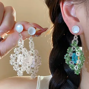 Pendientes de Botón de Rombo de Cuentas de Vidrio de Estilo Bosque Hechos a Mano Con Poste de Plata de Ley 925 Joyería Elegante para Mujer