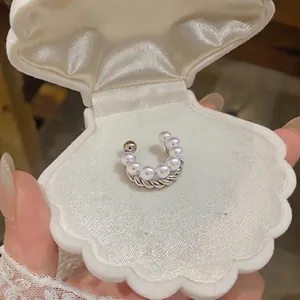 Elegant French style double-layer pearl ear cuff for non-pierced ears in white shell box