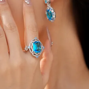 Detailed view of luxury blue cubic zirconia jewelry set including ring and earring