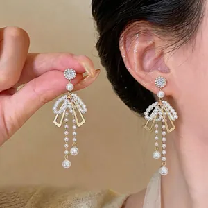 Boucles d'Oreilles Pendantes Nœud Perles Pour Femmes Tige Argent Sterling 925 Alliage Doré Strass Bijoux Élégants Cadeau