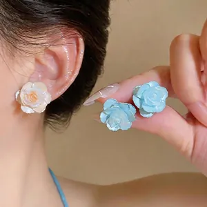 Korean Style Sweet Gentle Camellia Stud Earrings 925 Sterling Silver Post Floral Enamel Drip Resin Earrings For Women Daily Commute Jewelry