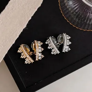 Elegant geometric cubic zirconia non-pierced clip-on earrings in gold and silver