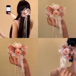 Pince à Cheveux Nœud en Dentelle et Rose pour Femmes Fait Main avec Ruban Pompon Pince à Bec de Canard Accessoires Cheveux Élégants