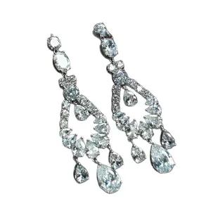 Elegant sparkling cubic zirconia teardrop tassel earrings for women with silver finish
