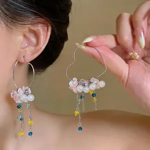 Heart Hoop Earrings Pink Flower Artificial Pearl Tassel Multicolor Glass Bead 925 Silver Earring Post For Women Jewelry