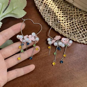 Sweet heart-shaped hoop earrings with pearls and colorful bead flower tassels
