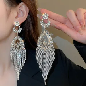 Close-up of sparkling zircon water drop tassel earrings with long fringe detail