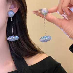 Orecchini Pendenti con Frangia a Nuvola Blu Cangiante per Donna Esagerati Acrilico Perno in Argento Sterling 925 Gioielli