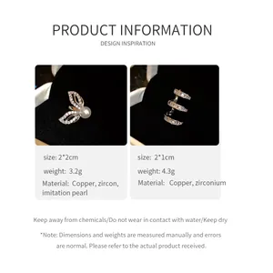 Detailed view of 18k gold plated zircon ear cuff and pearl leaf ear clip