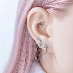 Sparkling zircon four-leaf star stud and hoop earring set for ear piercings