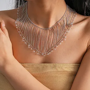 Luxury Copper Glass Fringe Statement Necklace Elegant Tassel Choker Rhinestone Inlaid Fashion Wedding Jewelry For Women