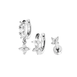 Silver four-leaf star zircon earring set including hoops and stud piercing jewelry
