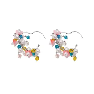 Exquisite silver needle earrings with colorful flowers, white pearls and vibrant beads