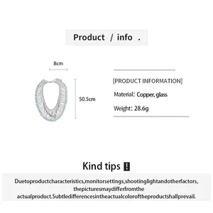 Detailed product info for crystal fringe necklace showing size 50.5cm and material specs.