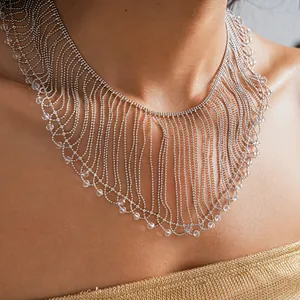 Detailed view of an elegant silver tassel choker necklace with delicate crystal beads