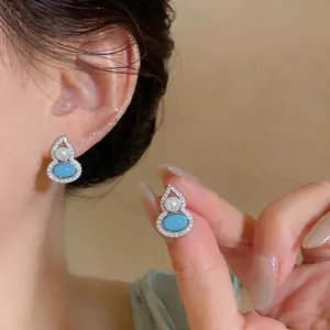 Korean Style 925 Sterling Silver Post Gourd Stud Earrings For Women Light Luxury Artificial Pearl Rhinestone Wu Lou Jewelry