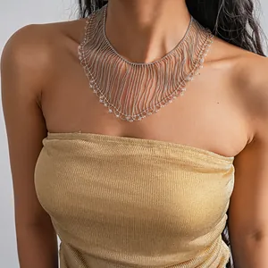 Detailed view of luxury silver beaded fringe necklace featuring clear crystal accents
