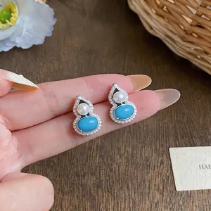 Elegant gourd-shaped stud earrings with pearl and turquoise stones