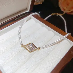 Vintage 18K gold plated pearl necklace with sparkling zircon diamond pendant