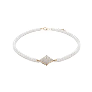 Elegant 18K gold plated pearl beaded necklace with sparkling zircon rhombus pendant