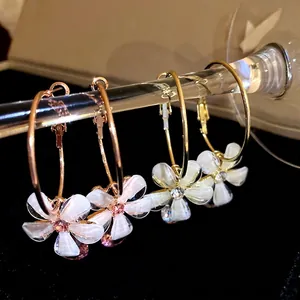Resin Flower Zirconia Dangle Hoop Earrings For Women With Silver Earring Post Vintage Sweet Luxurious Jewelry For Daily Party