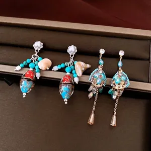 Pendientes de Botón Bohemios Vintage para Mujer Perla Artificial Strass Poste de Plata Aleación Flor Borla Pendientes Colgantes Retro Boho Joyería