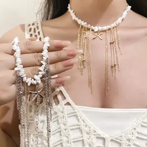 Bohemian Starfish Tassel Pendant Necklace White Stone Beads Electroplated Alloy Choker Jewelry for Women Beach Vacation Gift