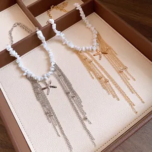 Bohemian starfish bead necklace with long metal chain tassels for seaside beach vacation