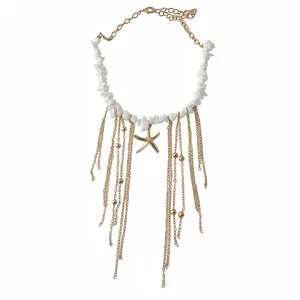 Elegant gold chain necklace featuring white stone beads and a starfish tassel pendant design