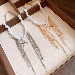 Close-up of stone beaded starfish tassel necklace in gold and silver finish