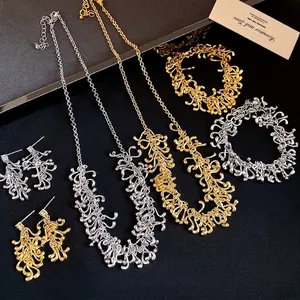 Vintage Irregular Geometric Tassel Jewelry Set Alloy Liquid Metal Gold Silver Necklace Bracelet Earrings For Women High End Gift