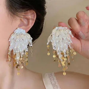 Luxury Copper Tassel Earrings With 925 Sterling Silver Earring Post White Artificial Pearl Glass Gold Tone Women Jewelry