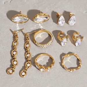 Detailed view of luxury gold titanium steel jewelry set with various zircon rings and earrings