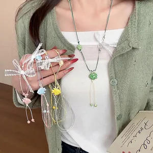 Dopamine Ceramic Fish Pendant Necklace For Women Handmade Polka Dot Animal Charm With Lace Bow Sweet Vacation Style Long Sweater Chain