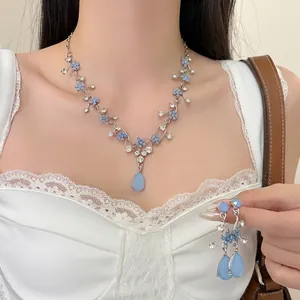 Blue Floral Rhinestone Waterdrop Pendant Necklace And Earring Set Alloy 925 Sterling Silver Earring Post Elegant Jewelry For Women