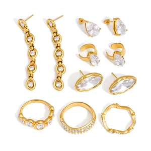 Elegant gold-plated jewelry set with zircon rings and earrings made of durable titanium steel.