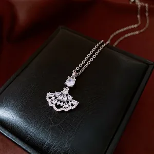 Fan Shaped Pendant Necklace Copper Zirconia Silver Plated Retro Luxury Clavicle Chain Fashion Jewelry Gift For Women