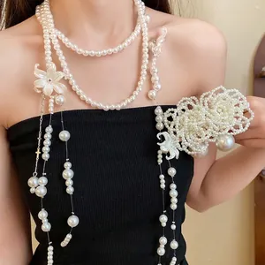 Romantic Shell Flower Multi Layer Artificial Pearl Long Necklace For Women Elegant Tassel Sweater Chain Vintage Jewelry